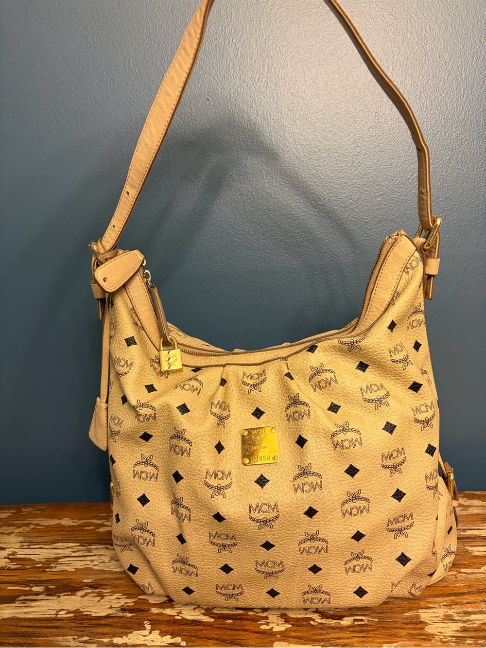 MCM Beige Monogram Shoulder Bag with Gold Plaque
